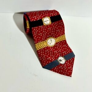 Vicky Davis Vintage NeckTie 100% Silk Watch Out USA Tie Red Clock Face Time Mens